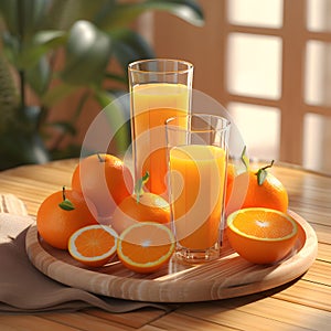 glass of orange juice orange fruit on tray on table near window , AI generated