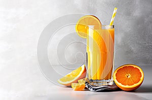 Glass of Orange juice with orange sacs and sliced fruits