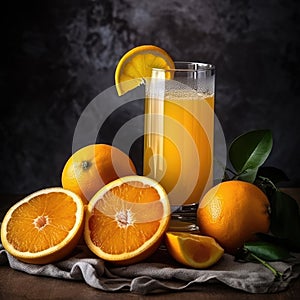 Glass of Orange juice with orange sacs and sliced fruits