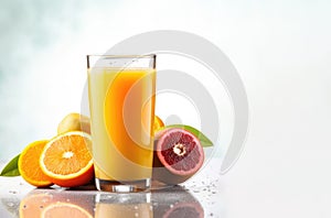 Glass of Orange juice with orange sacs and sliced fruits