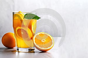 Glass of Orange juice with orange sacs and sliced fruits