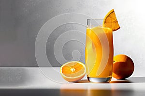 Glass of Orange juice with orange sacs and sliced fruits