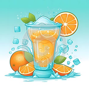 Glass Orange juice with orange sacs and slices fruits