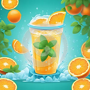 Glass Orange juice with orange sacs and slices fruits