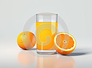 Glass of Orange juice with orange sacs and slices fruits isolate on white background. Created with Generative AI