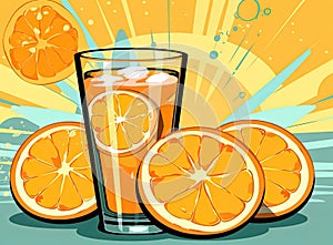 Glass of Orange juice with orange sacs and slices fruits isolate on white background. Created with Generative AI