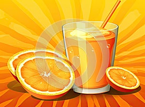 Glass of Orange juice with orange sacs and slices fruits isolate on white background. Created with Generative AI