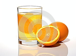 Glass of Orange juice with orange sacs and slices fruits isolate on white background. Created with Generative AI