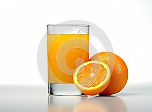 Glass of Orange juice with orange sacs and slices fruits isolate on white background. Created with Generative AI