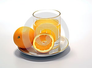 Glass of Orange juice with orange sacs and slices fruits isolate on white background. Created with Generative AI