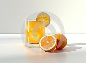Glass of Orange juice with orange sacs and slices fruits isolate on white background. Created with Generative AI