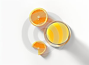 Glass of Orange juice with orange sacs and slices fruits isolate on white background. Created with Generative AI