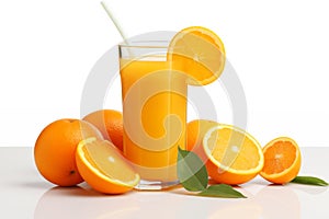 glass of orange juice with orange sacs and slices fruits isolated on a white