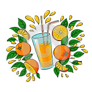 Glass of orange juice with oranges, leaves and drops of juice