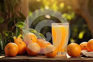 glass of orange juice and ripe fruits on table in garden