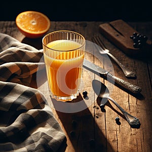 Glass of orange juice sits on wooden table in early morning light