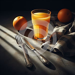 Glass of orange juice sits on wooden table in early morning light