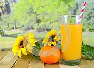 A glass of orange juice sitting on a wooden table with sunflowers and a single orange with a blurred background of a tree lined la