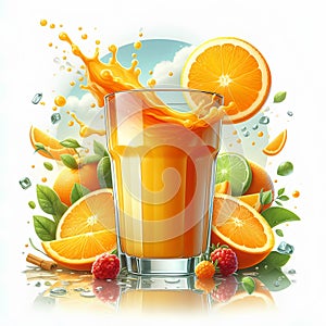 glass with orange juice with orange juice splash isolated on white background