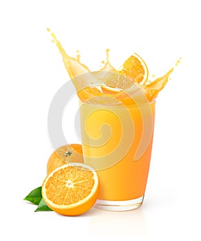 Glass of orange juice splash with orange sliced