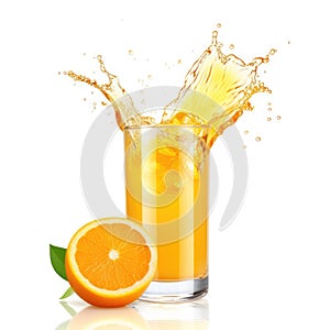 Glass of Orange Juice with a splash on a plain white ba - product photography