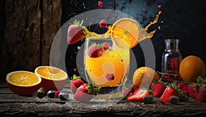 A glass of orange juice with strawberries and blueberries on a wooden table. Food photography. Advertising concpet