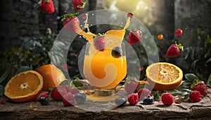 A glass of orange juice with strawberries and blueberries on a wooden table. Food photography. Advertising concpet