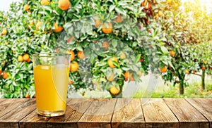 Glass of orange juice on wooden board or table top and blurred orange orchard.