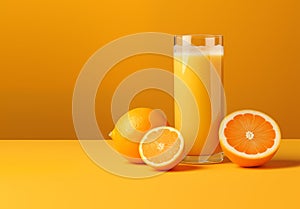 glass of orange juice - yellow background - sliced oranges