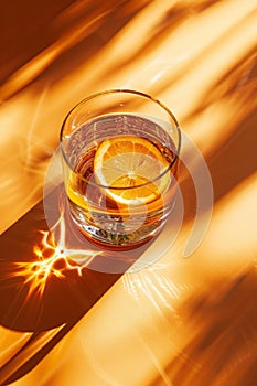 A glass of orange liquid, cocktail or mocktail with slice or orange casting sunbeam shadows