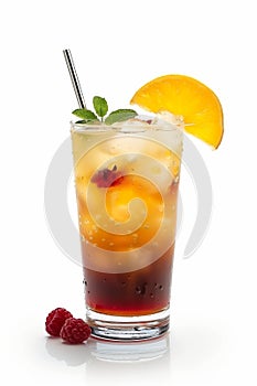 A glass of orange and red drink with a straw in it