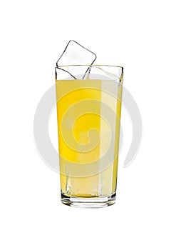 Glass of orange soda drink cold with ice cubes