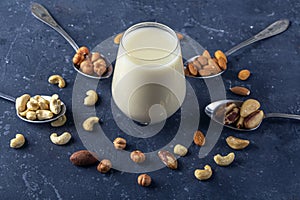 Glass of organic vegan dairy free milk from nuts. Healthy vegetarian alternative drink. Various types of nuts: cashew, hazelnuts,