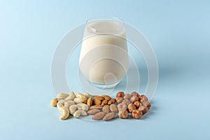 Glass of organic vegan dairy free milk from nuts. Healthy vegetarian alternative drink. Various types of nuts: cashew, hazelnuts,