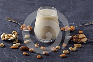 Glass of organic vegan dairy free milk from nuts. Healthy vegetarian alternative drink. Various types of nuts: cashew, hazelnuts,