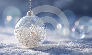A glass ornament with white beads in it is hanging from a chain