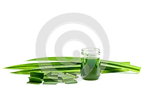 Glass of pandan juice and fresh Pandan leaves isolated on white background,copy space