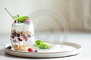 Glass of parfait made of granola, berries and yogurt