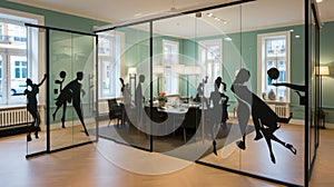 A glass partitioned room with people silhouetted on it, AI