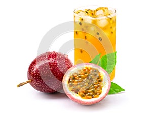 glass of passionfruit  maracuya  juice isolated on white background.