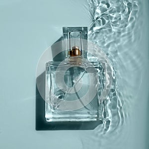 Glass perfume bottle in blue water. Wave flow background.