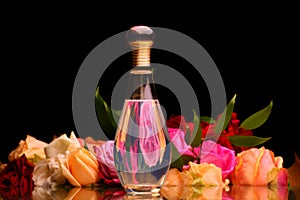 Glass perfume bottle flowers studio