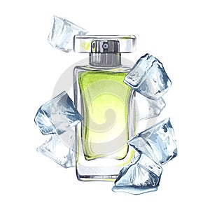 Glass perfume bottle with ice. Watercolor illustration of refreshing eau de toilette. Fragrant products. Fashion and