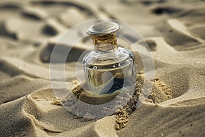 Glass perfume bottle in sand of desert, created with Generative AI Technology