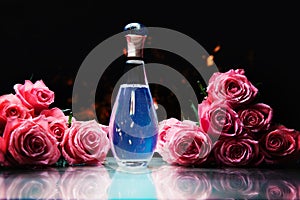 Glass perfume bottle smoke studio water drops flowers