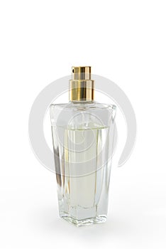 Glass perfume bottle on white background