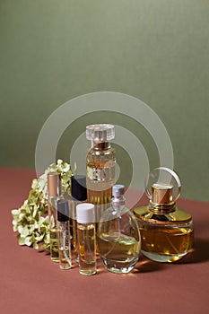 glass perfume bottles with sprigs of hydrangea on a beautiful background