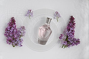 Glass, perfume, cosmetic bottle on white background with water and lilac. Top view, closeup.