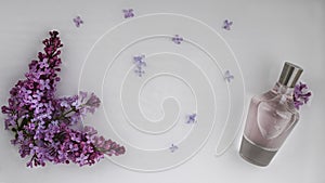 Glass, perfume, cosmetic bottle on white background with water and lilac. Top view, closeup