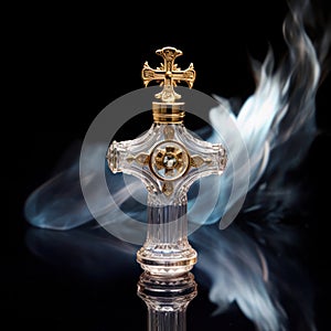 Sklo parfém nebo svatý voda láhev zobrazené oblečení na zlato ozdobený snížit ven vzor na 